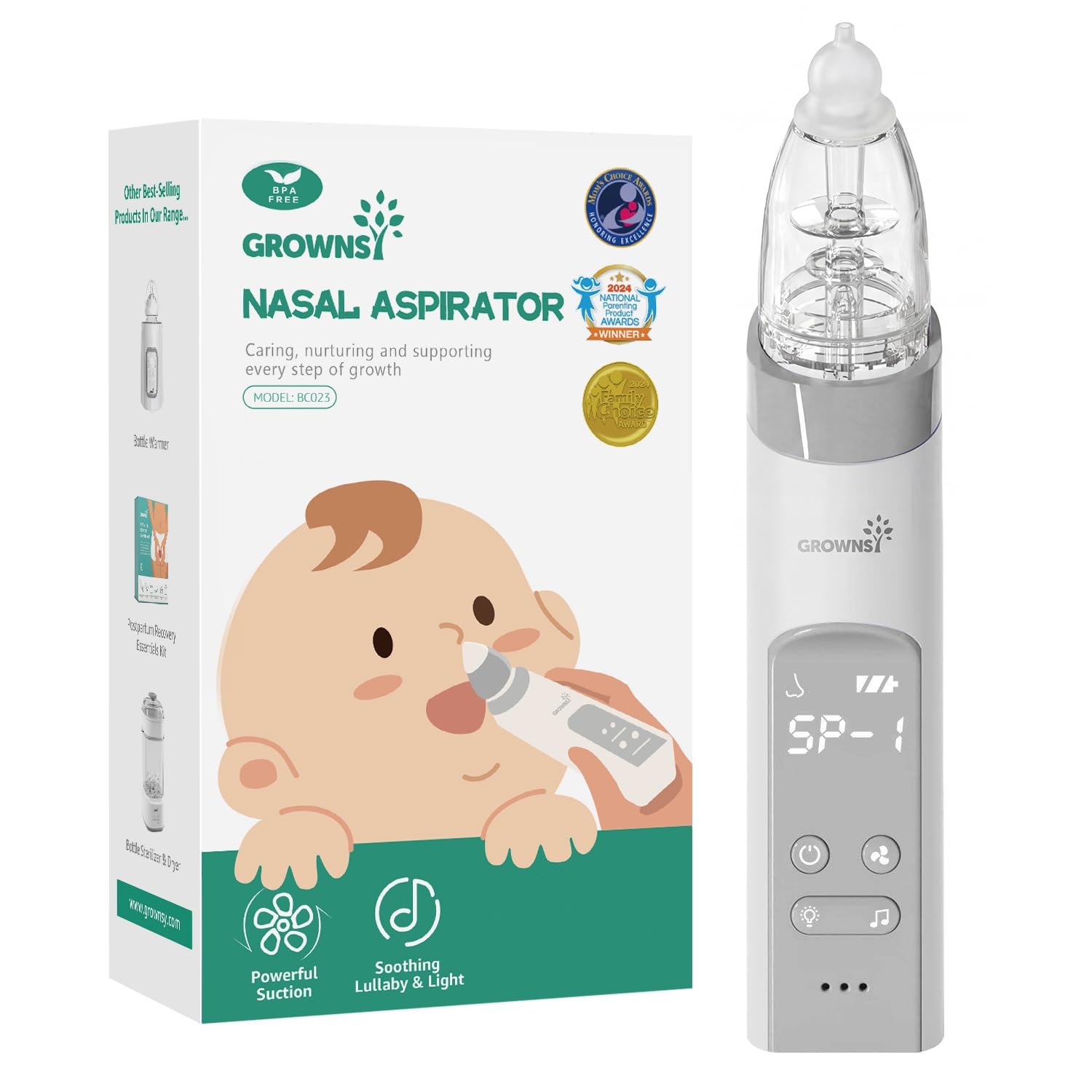 GROWNSY Nasal Aspirator for Baby, Electric Baby Nose Sucker with Larger Suction Chamber and More Powerful Suction, Automatic Nose Cleaner with Music and Light Soothing Function