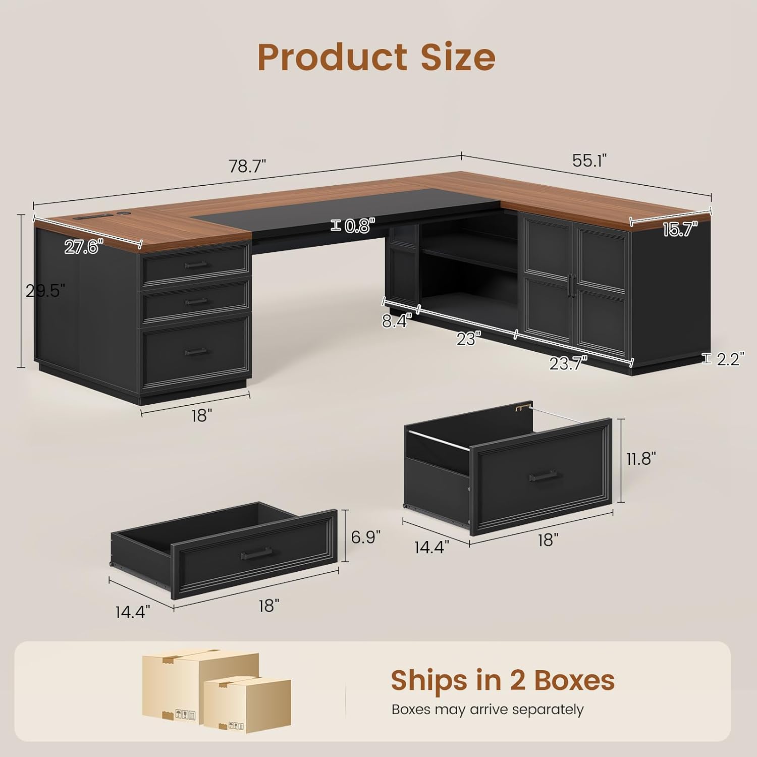 SEDETA 78.7" L Shaped Executive Desk with Charging Station, Large Home Office Computer Desk with File Drawers & Adjustable Storage Cabinet, CPU Stand, Modern L Desk for Business, Black + Brown - Image 2