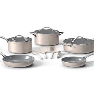 Bakken 12-Piece Aluminum Cookware Set with Ceramic Nonstick Coating, PTFE & PFAS Free, All Stovetop Safe Up To 500°F, Pots and Pans Set with Lids, Silicone Utensils Included, Dishwasher Safe, Cream