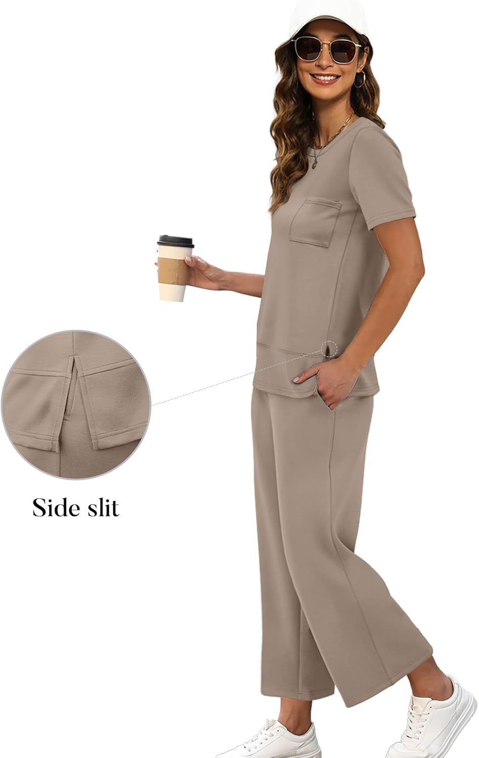 OFEEFAN Women's Lounge Sets Fashion Outfits Wide Leg Loungewear Side Slit Tracksuit for Vacation Travel Airport S-3XL - Image 3