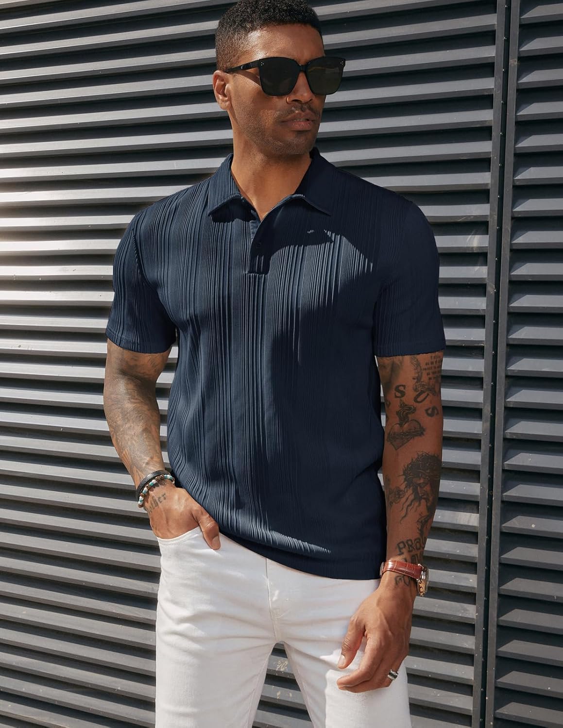 PJ PAUL JONES Mens Textured Knit Polo Shirts Regular Fit Stretchy Golf Shirts - Image 2