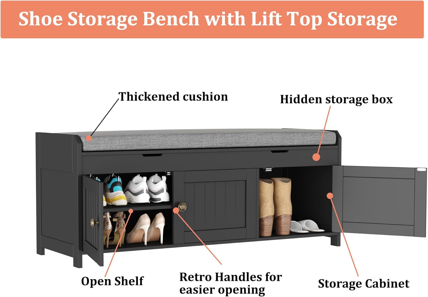 HOMEFORT 41.3" Shoe Bench with Lift Top Storage, Entryway Bench with Cushioned Seat, Wooden End of Bed Bench, Shoe Cabinet Bench with Hidden Storage Space, for Bedroom, Hallway,Black - Image 7
