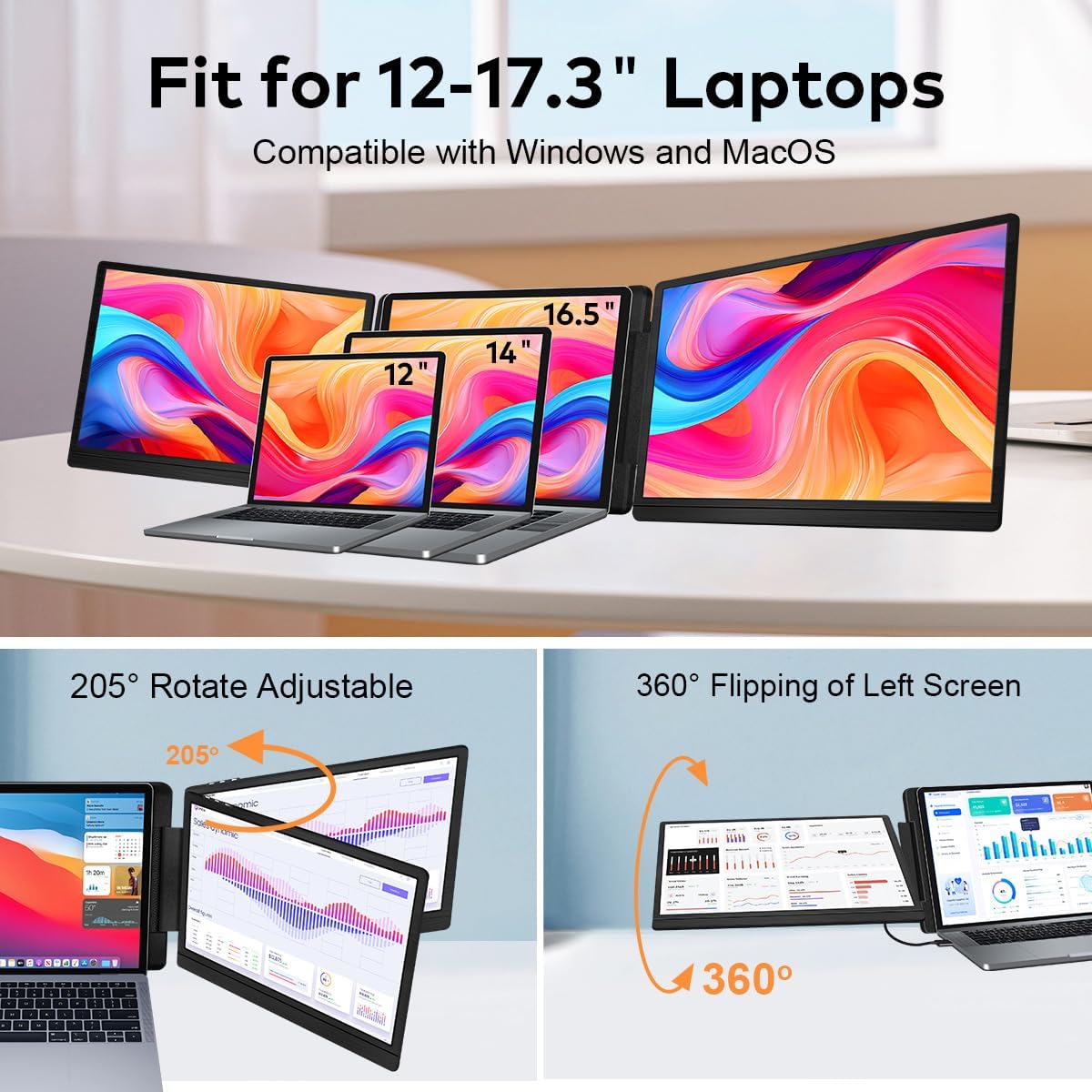 14" Laptop Screen Extender, FHD 1200P IPS Dual/Triple Portable Monitor for Laptop, 360° Flip Left Screen, USB-C/HDMI Plug & Play, Multi Travel Computer Monitor Display for 12-17.3" Win/Mac -S7C - Image 4
