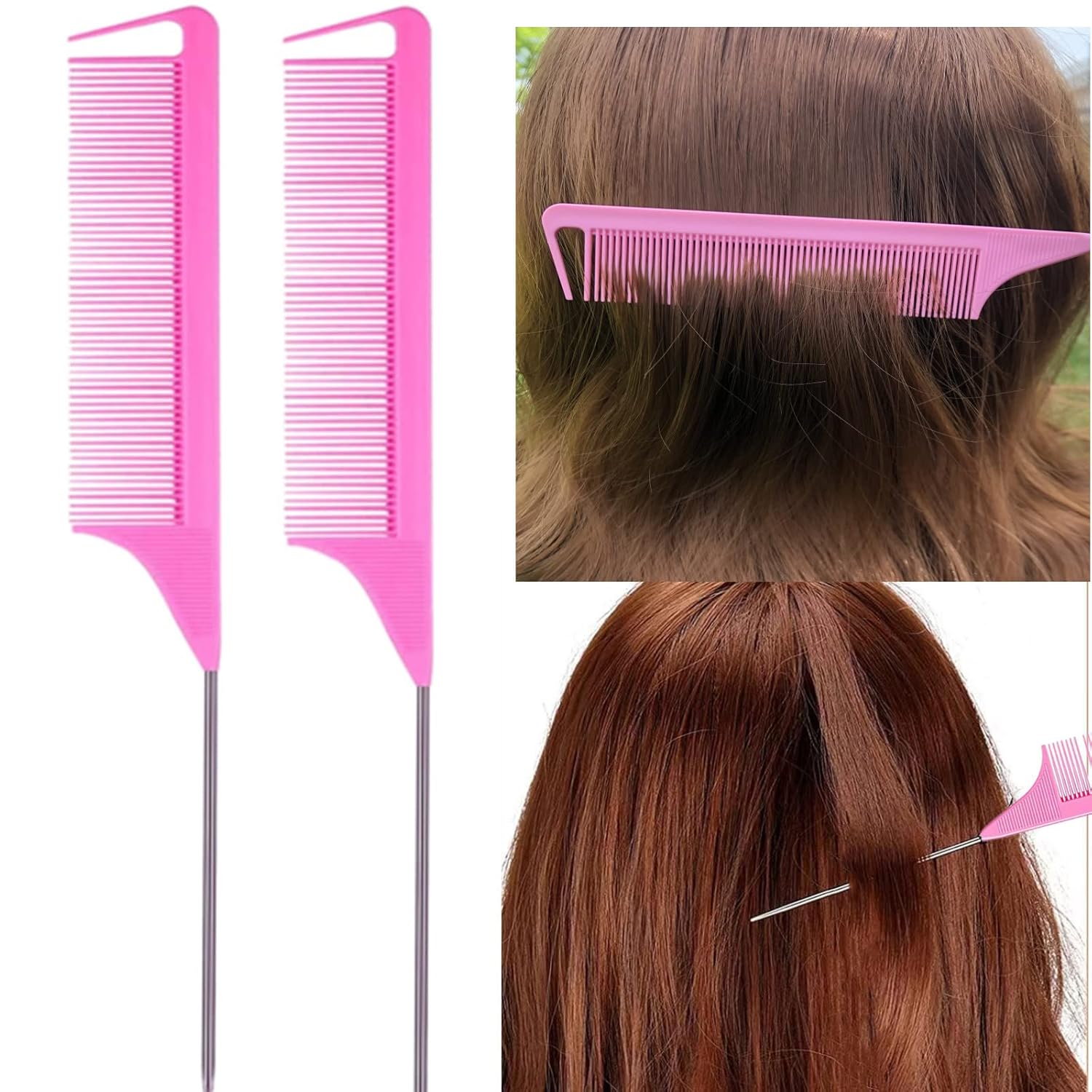 ZVOREI 8Pcs Hair Brushes Set with 4Pcs Topsy Hair Tail Tools 1Pcs Bristle Teasing Hair Brush 1Pcs Edge Control Brush 2Pcs Metal Pin Rat Tail Combs for Woman Girl hair Styling,Edge&Back Brushing,Pink - Image 4