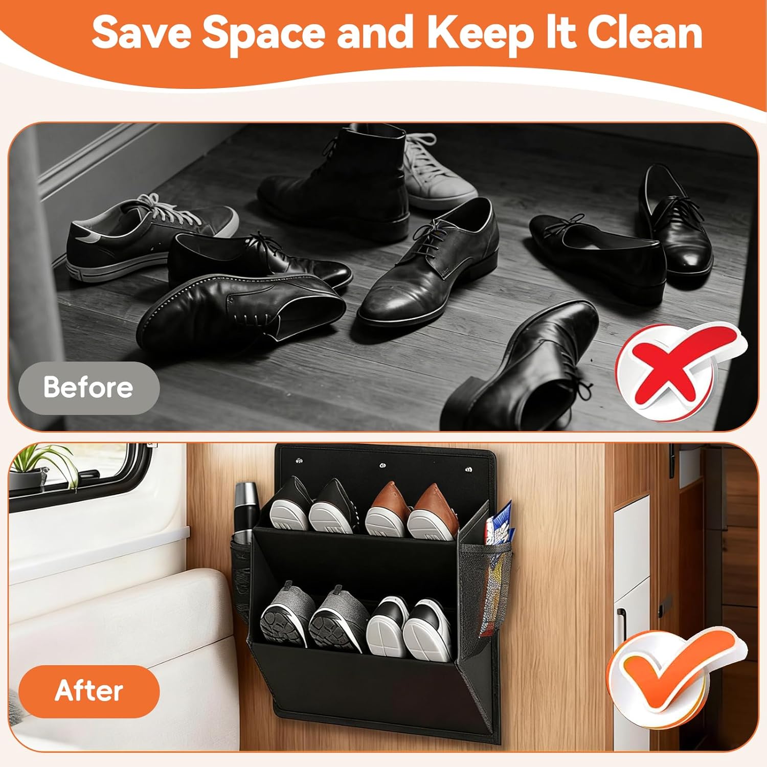 2 Pack RV Shoe Storage Organizer, Over the Door/Wall Hanging Shoe Rack with Sticky Adhesive, Large Deep Pockets for Narrow Space, Closet Camper Storage Black - Image 4