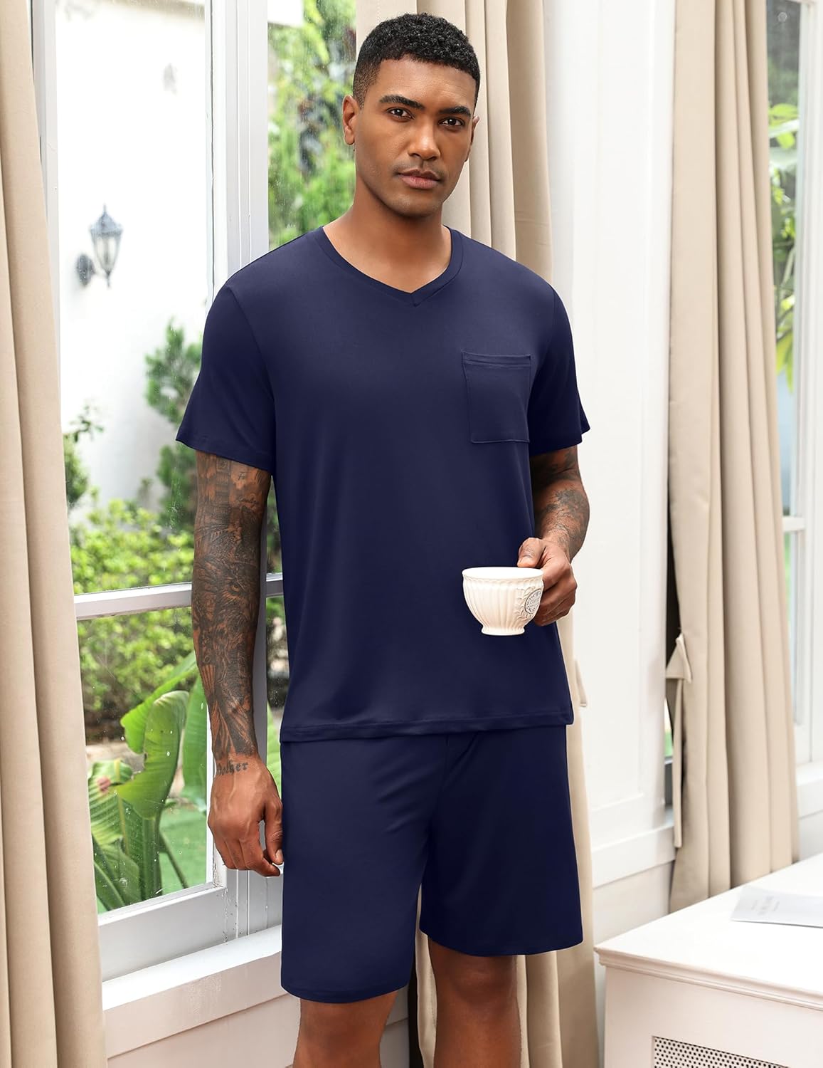 Ekouaer Mens Pajamas Set Soft Lounge Set V Neck Sleep Nightwear Short Sleeve Pjs with Pocket S-XXL - Image 5