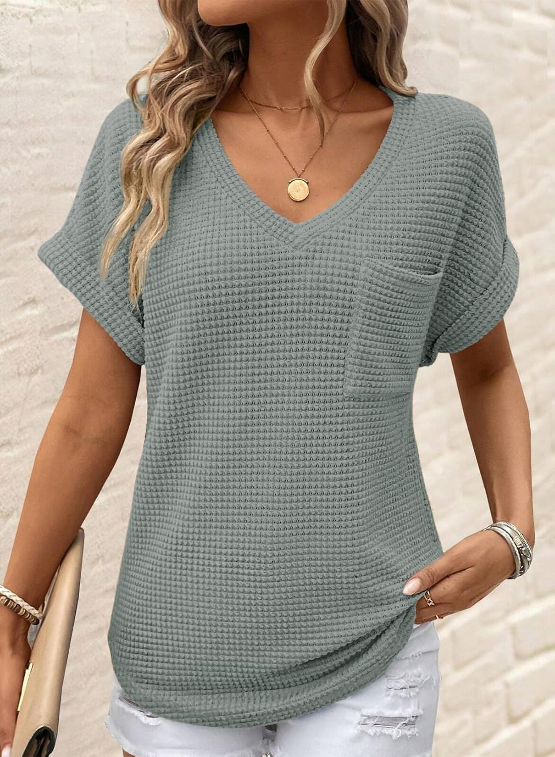 Dokotoo Womens Waffle Knit Tops 2026 Spring Summer V Neck Shirts Casual Trendy Women's Blouses Basic Tee - Image 2