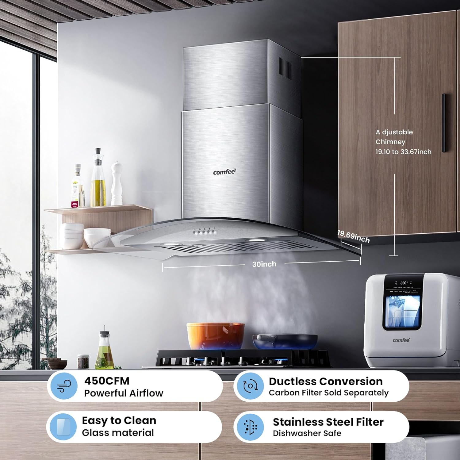 COMFEE' CVG30W8AST 30 Inches Ducted Wall Mount Vent Range Hood with 450 CFM 3 Speed Exhaust Fan, Baffle Filters, Curved Glass, 2 LED Lights, Convertible to Ductless, Stainless Steel - Image 2