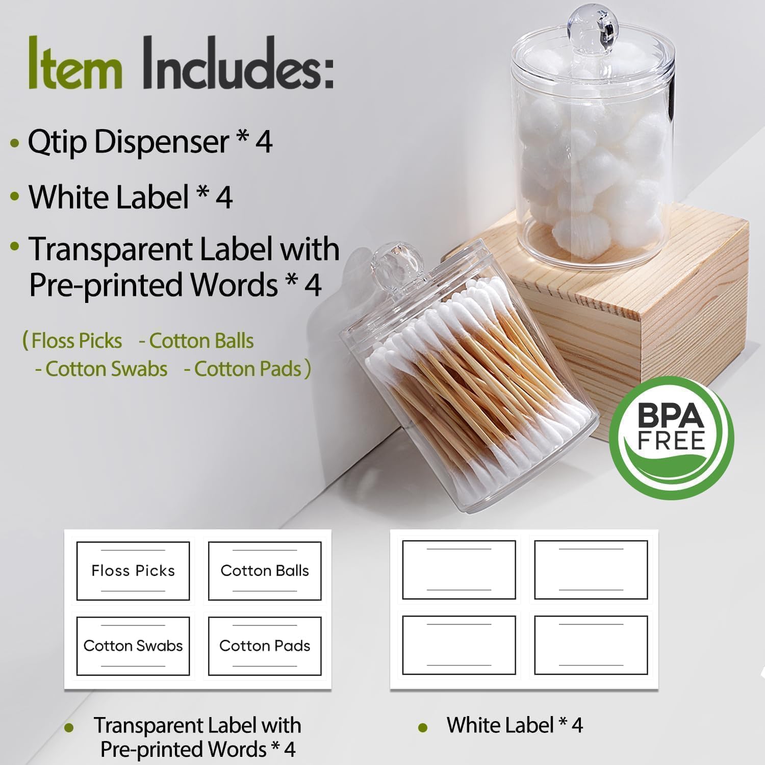 4 Pack Acrylic Qtip Holder Dispenser for Cotton Swabs, Balls, Pads, Floss Picks- Small Clear Acrylic Canister Apothecary Jar Set, Bathroom Essentials Accessories Decor, Vanity Makeup Storage Organizer - Image 2
