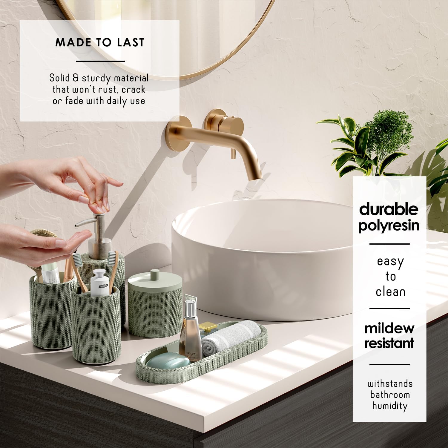 Clara Clark Sage Green Bathroom Set - Bathroom Accessories Set, 19PC Bathroom Accessory Set, Bathroom Sets with Shower Curtain Set, Soap Dispenser & Toothbrush Holder - Image 3