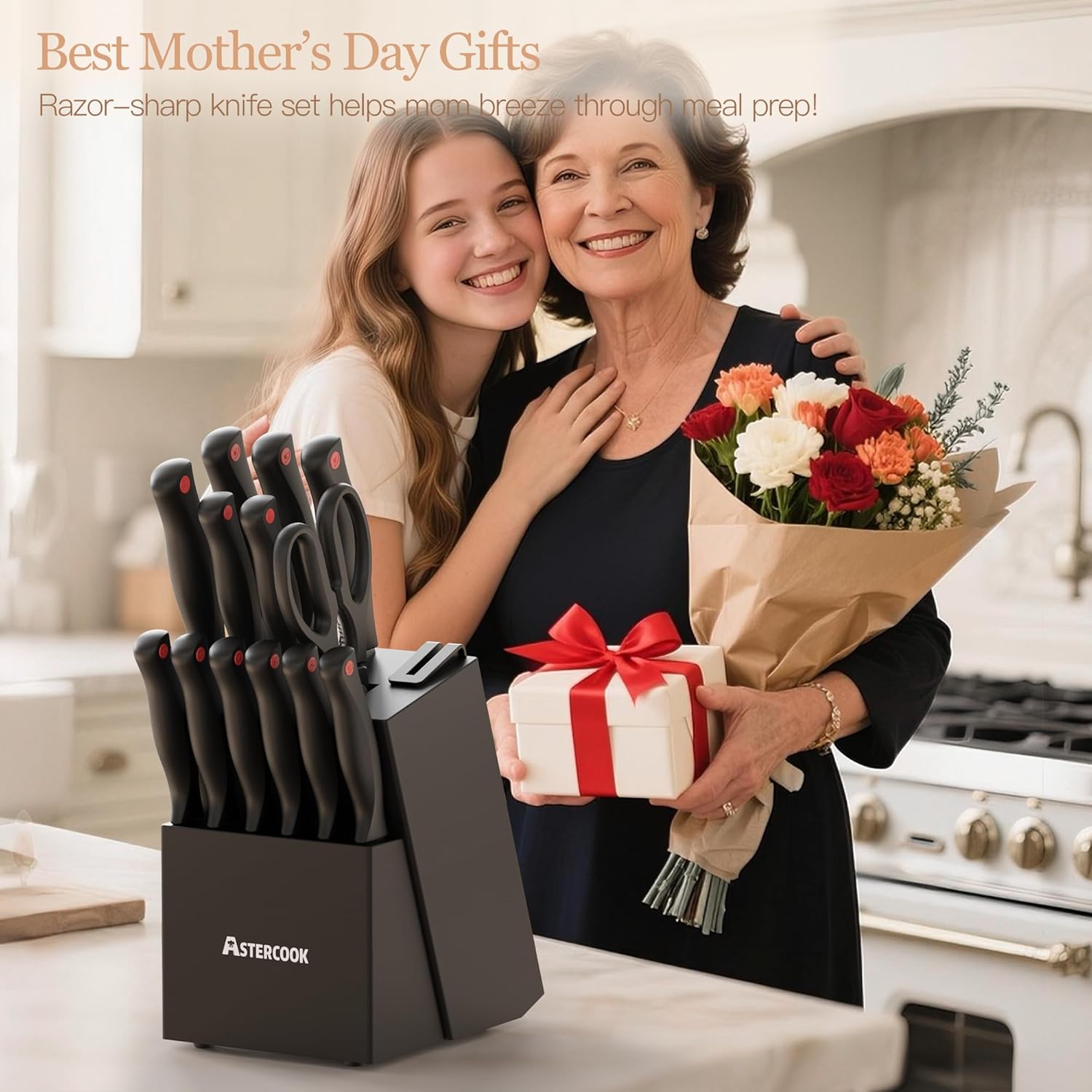 Knife Set, Astercook 15 Pieces Knife Sets for Kitchen with Block, Dishwasher Safe Kitchen Knife Set with Built in Sharpener Block, German Stainless Steel Knife Block Set, Mothers Day Gifts for Women - Image 2