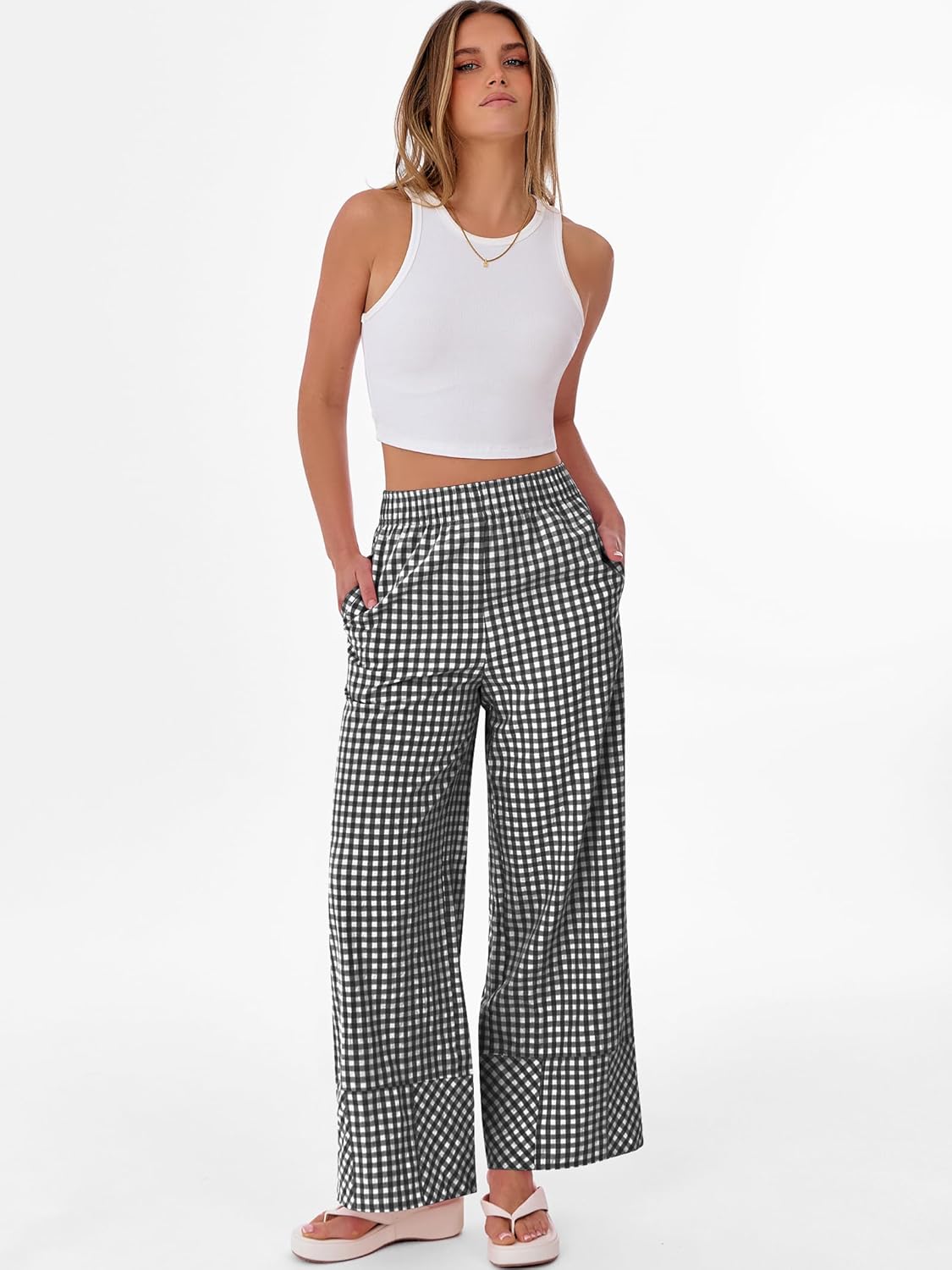 ANRABESS Womens Gingham Pants Checkered Plaid Striped Boxer Wide Leg Palazzo Pants Lounge PJ Bottoms Trousers with Pockets - Image 6