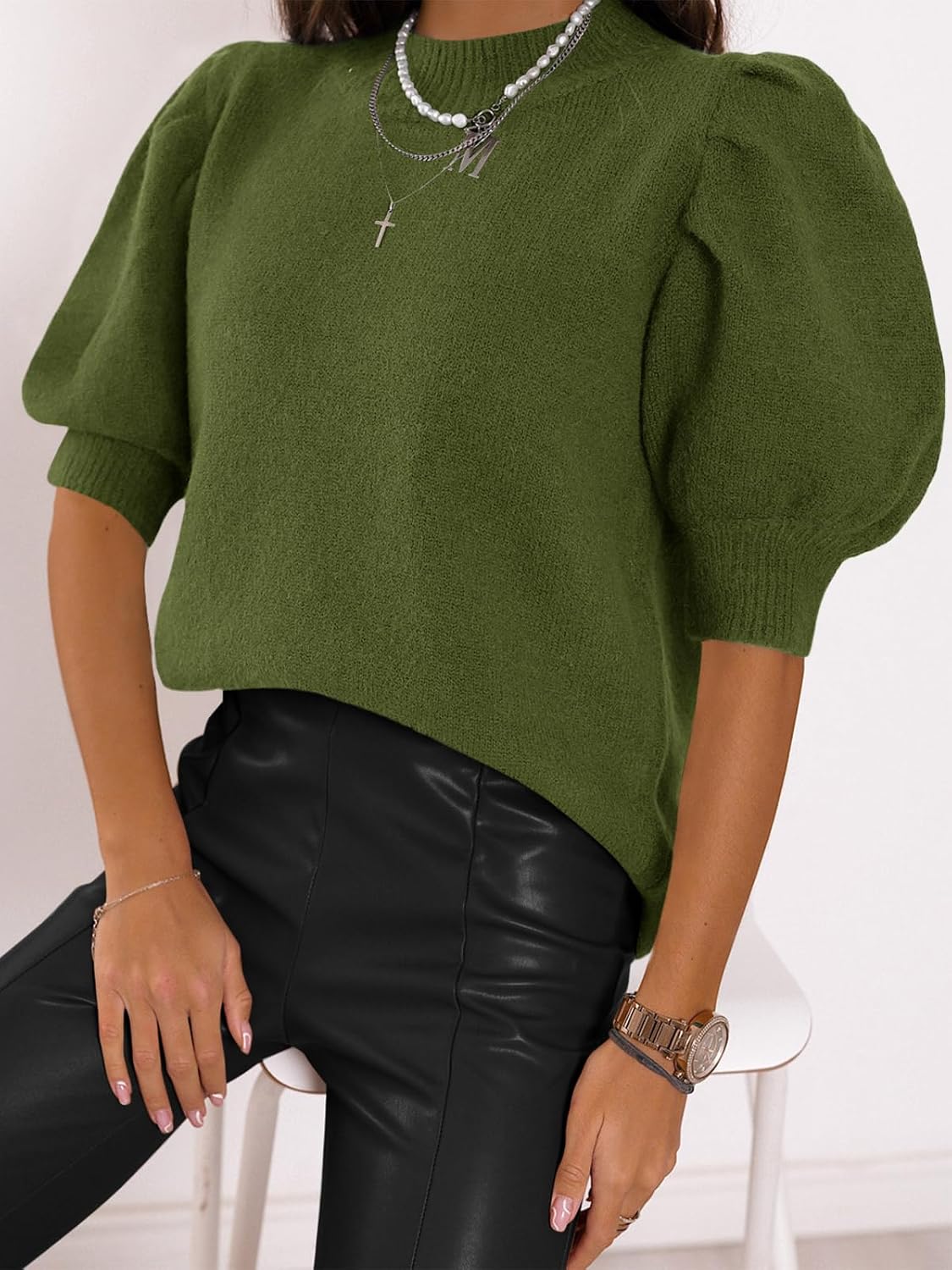 Women's Puff Short Sleeve Sweater Tops 2025 Summer Fall Trendy Knit Crew Neck Casual T Shirts Blouses - Image 3