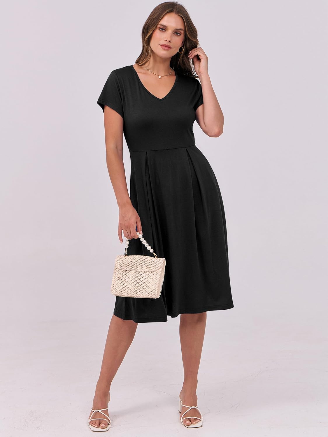 ANRABESS Women Summer Dress Casual Short Sleeve V Neck A-Line Knee Length Pleated Flowy 2026 Fashion Midi Dresses with Pocket - Image 4