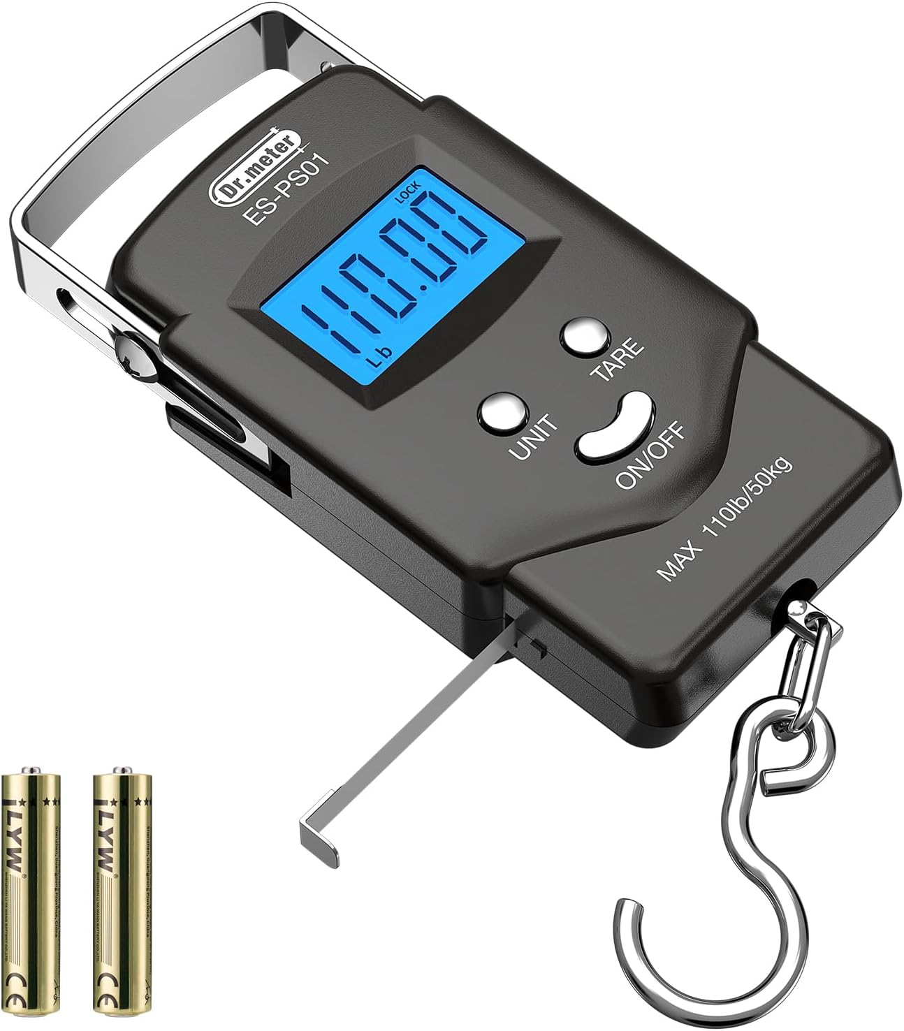 Dr.meter Fish Scale Luggage Scale Fishing Gear - 110lb Backlit LCD Display Digital Scale with Built-in Measuring Tape - Fishing Scale with 2 AAA Batteries, Pocket Size - Fishing Gifts for Men