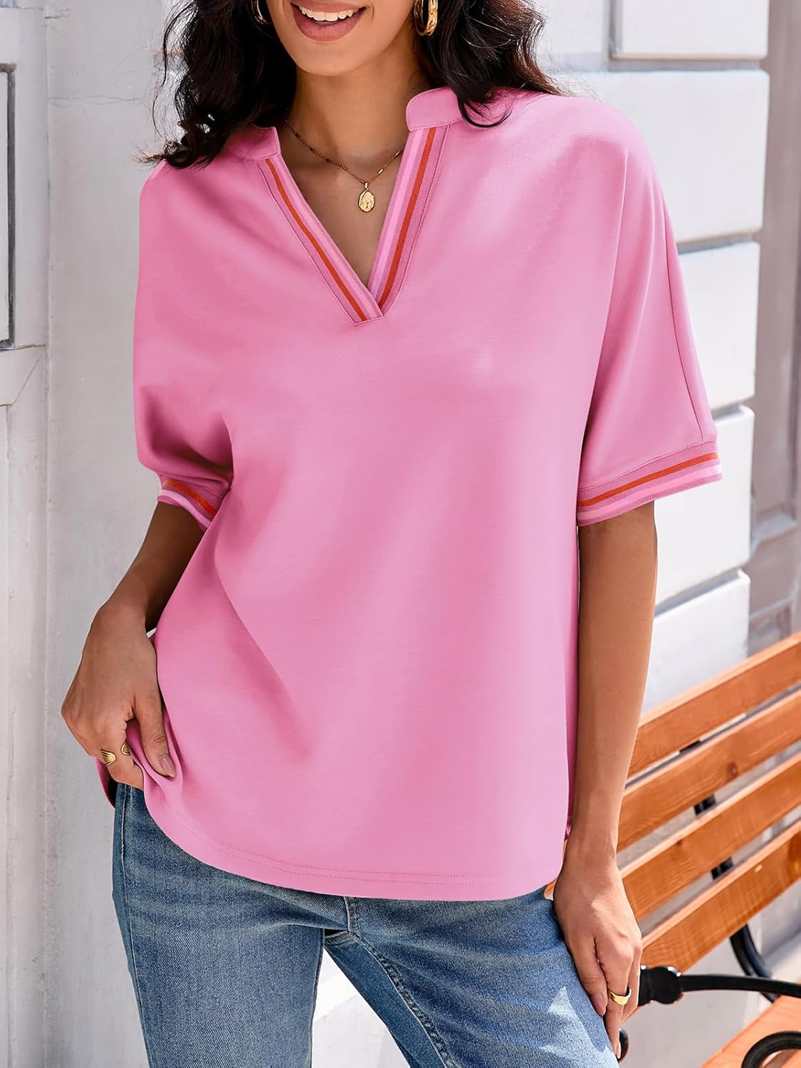 Tankaneo Womens Oversized T Shirt Casual V Neck Half Sleeve Color Block Work Tops Loose Fit Tunic Tees - Image 3