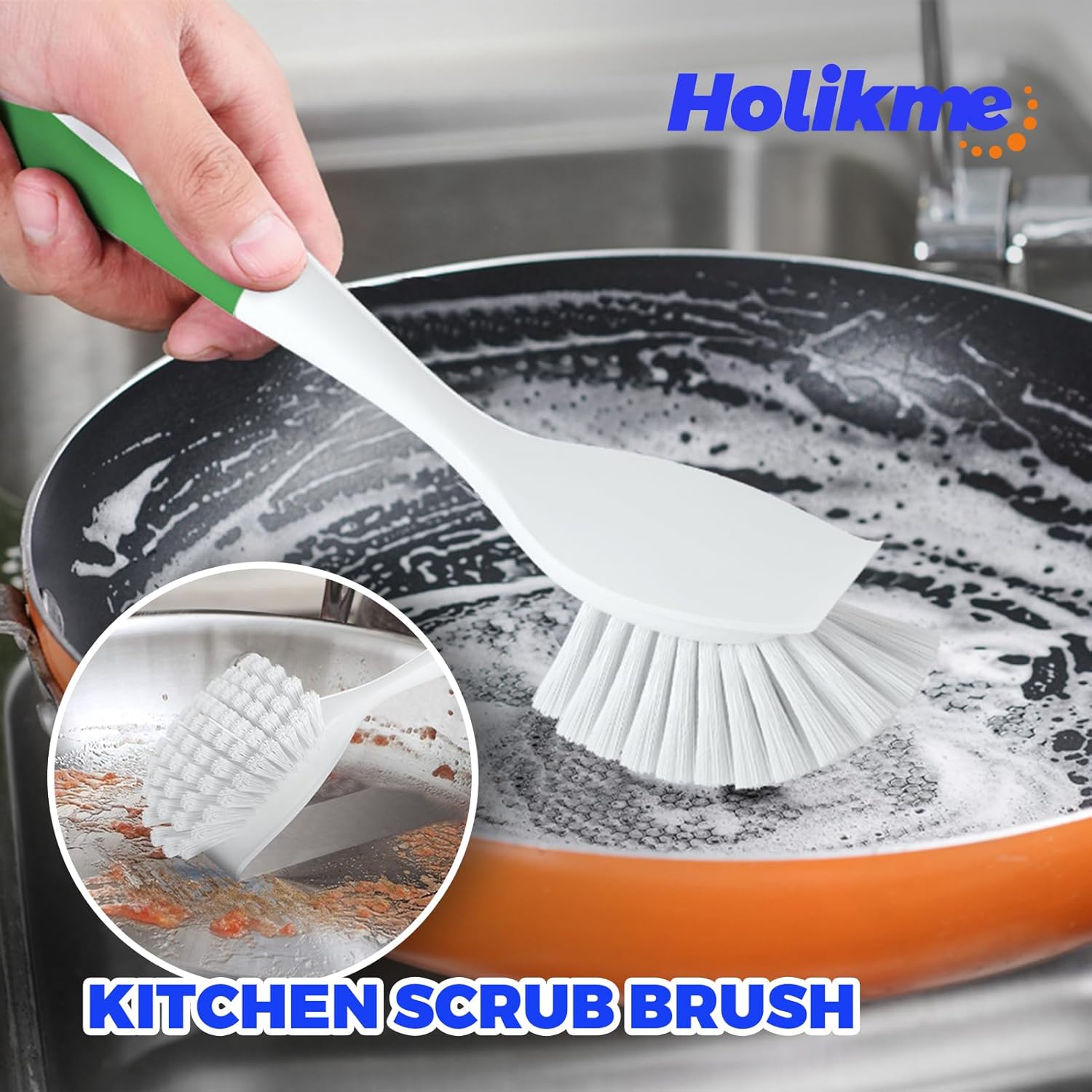 Holikme 6 Pack Dish Brush with Handle Kitchen Cleaning Brush Set for Pot, Pan, Kitchen Sink (Green) - Image 2