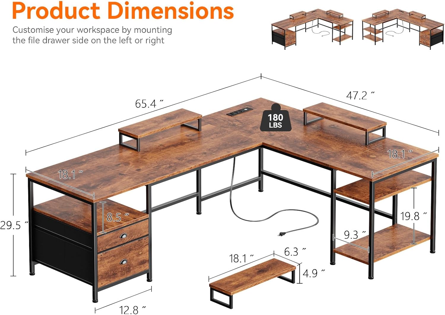 Furologee 66” L Shaped Desk with Power Outlet, Reversible Home Office Desk with File Drawer, 2 Monitor Stands, Storage Shelves, Corner Computer Table for Gaming, Writing, Rustic Brown - Image 3