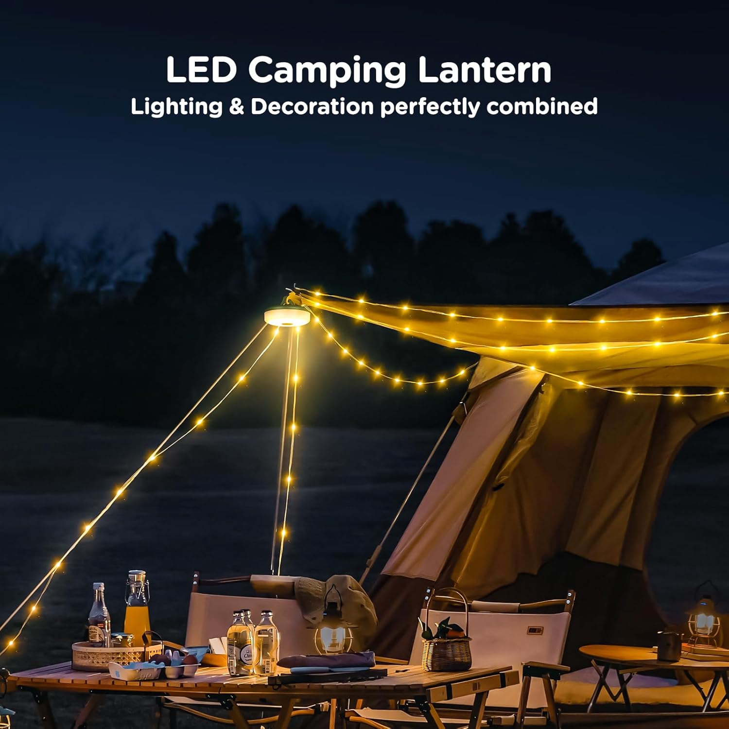 OGERY Camping String Lights, 4 in 1 Quick Storage 32.8FT Rechargeable Tent Lights String with 8 Lighting Modes, Hanging Waterproof Portable LED Lamp for Outdoor Patio Awning Garden Camping Essentials - Image 2