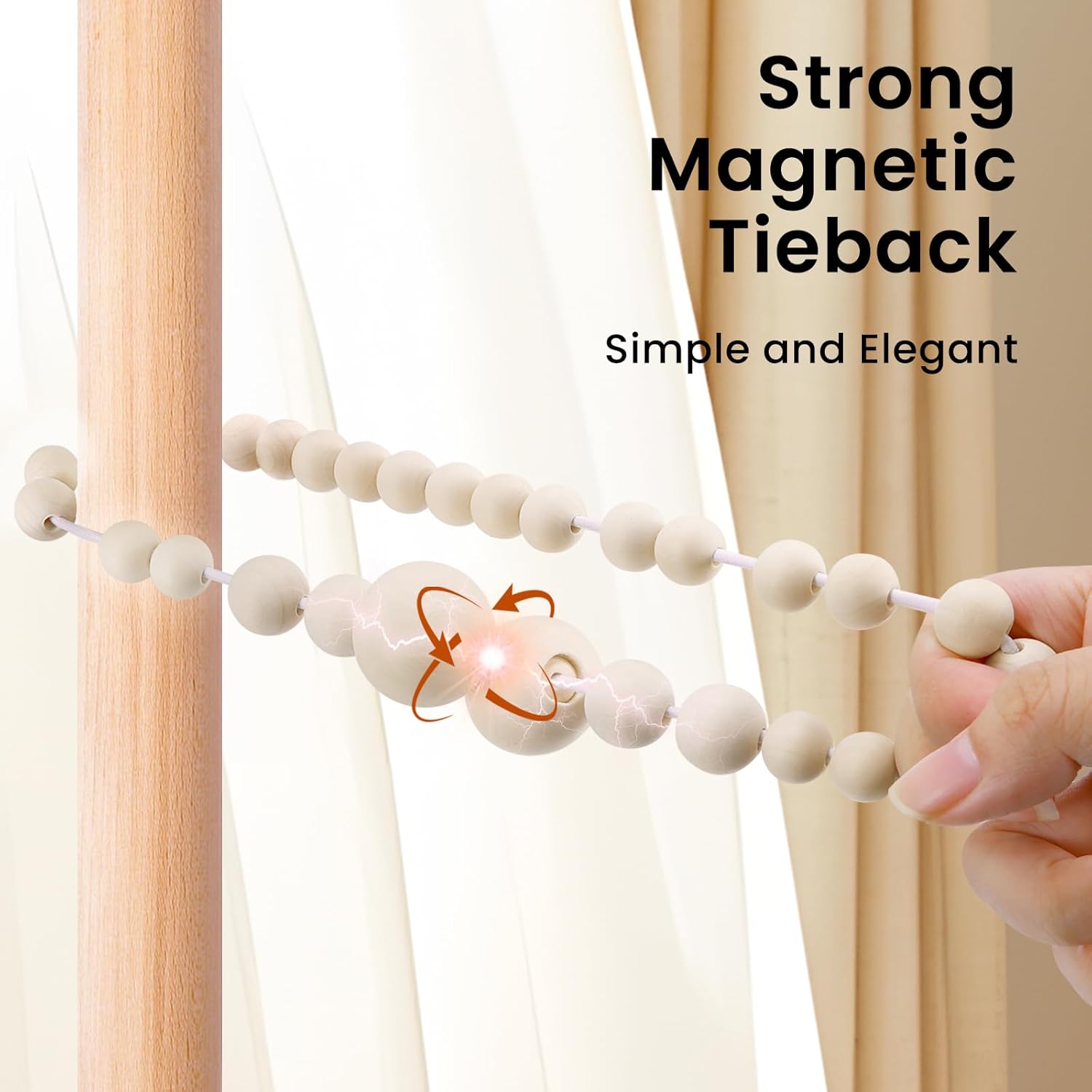 KLOGTSIND Magnetic Curtain Tiebacks, Curtain Holdbacks for Curtains 2 Pack, Wood Bead Curtain Holders for Boho Bedroom Decor, Baby Nursery Decor, Farmhouse Decor - Image 6