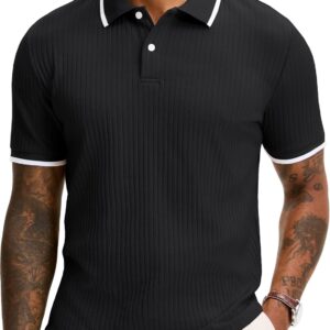 Comdecevis Men’s Knit Polo Shirts Regular Fit Lightweight Business Casual Stretch Textured Collared Polo Short Sleeve