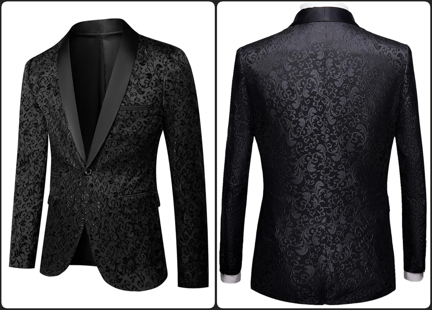 Mens Tuxedo Black Floral 2 Piece for Prom Wedding Party Suit Jacket Pants Slim Fit Shawl Lapel - Image 3