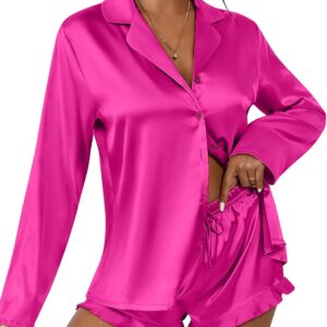 Ekouaer Womens Satin Pajama Sets Long Sleeve Top and Shorts Lounge Set Button Down Sleepwear