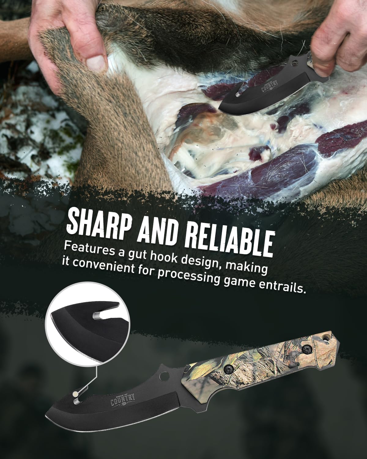 MOSSY OAK Fixed Blade Hunting Knife Set - 2 Piece, Full Tang Handle Straight Edge and Gut Hook Blades Game Processing Knife, Sheath Included - Image 3