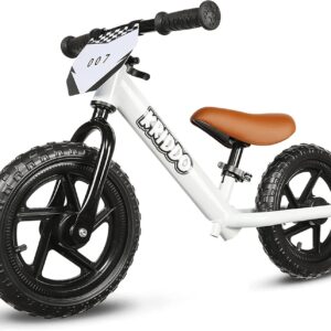 KRIDDO Toddler Balance Bike 2 Year Old, Age 24 Months to 5 Years Old, 12 Inch Push Bicycle with Customize Plate (3 Sets of Stickers Included), Gift Bike for 2-3 Boys Girls, White
