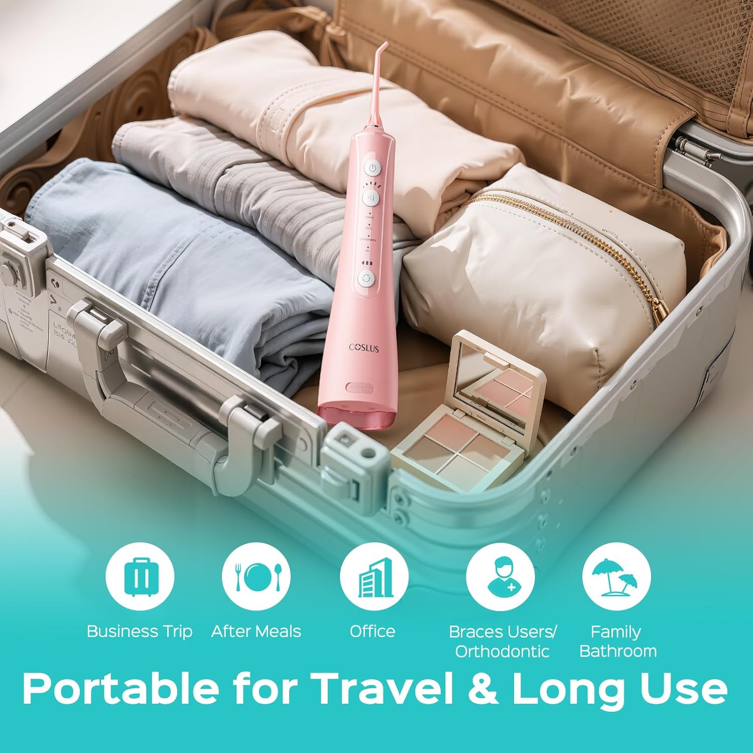 COSLUS C50 Portable Water Flosser for Teeth: 4 Modes & 5 Intensity Levels Professional Electric Dental Pick for Sensitive Gums, Braces & Orthodontic - Cordless for Travel Use, BPA-Free - Image 6