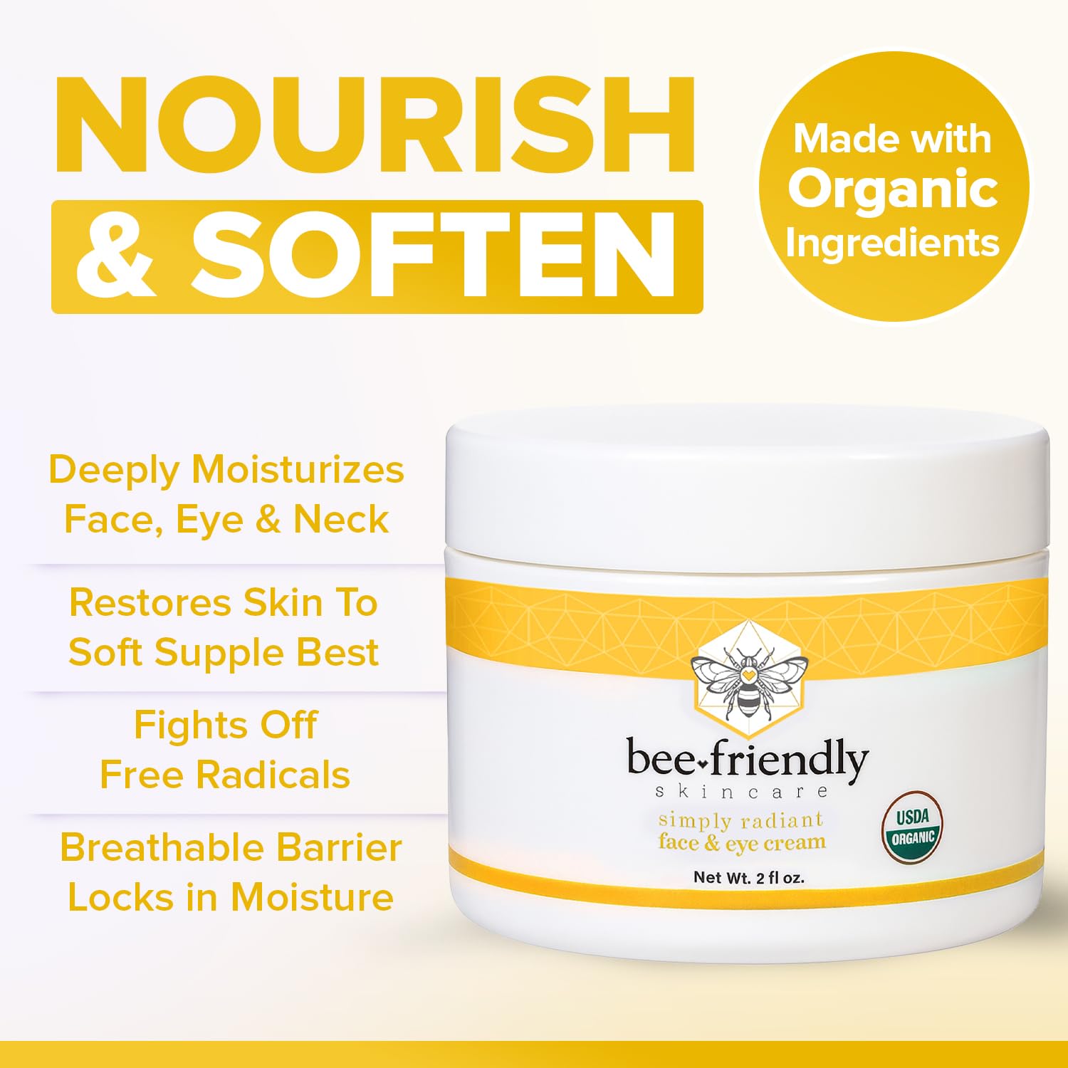 BeeFriendly Organic Face and Eye Cream, USDA Certified Organic Facial Moisturizer, All In One Natural Face, Eye, Neck, Decollete Cream Reduces Wrinkles & Lines, 2 oz - Image 3