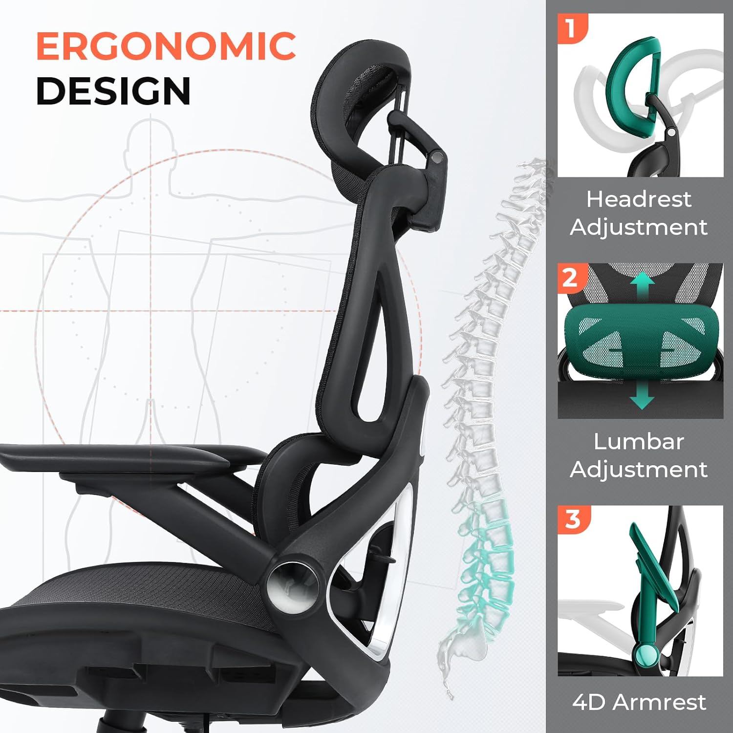 CAPOT Ergonomic Mesh Office Chair, Adjustable Lumbar High Back Desk Chair 400lbs, 4D Flip-up Arms, 3-Level Tilt Backrest, 3D Headrest, PU Wheels, Swivel Rolling Computer Seating for Long Desk Work - Image 9