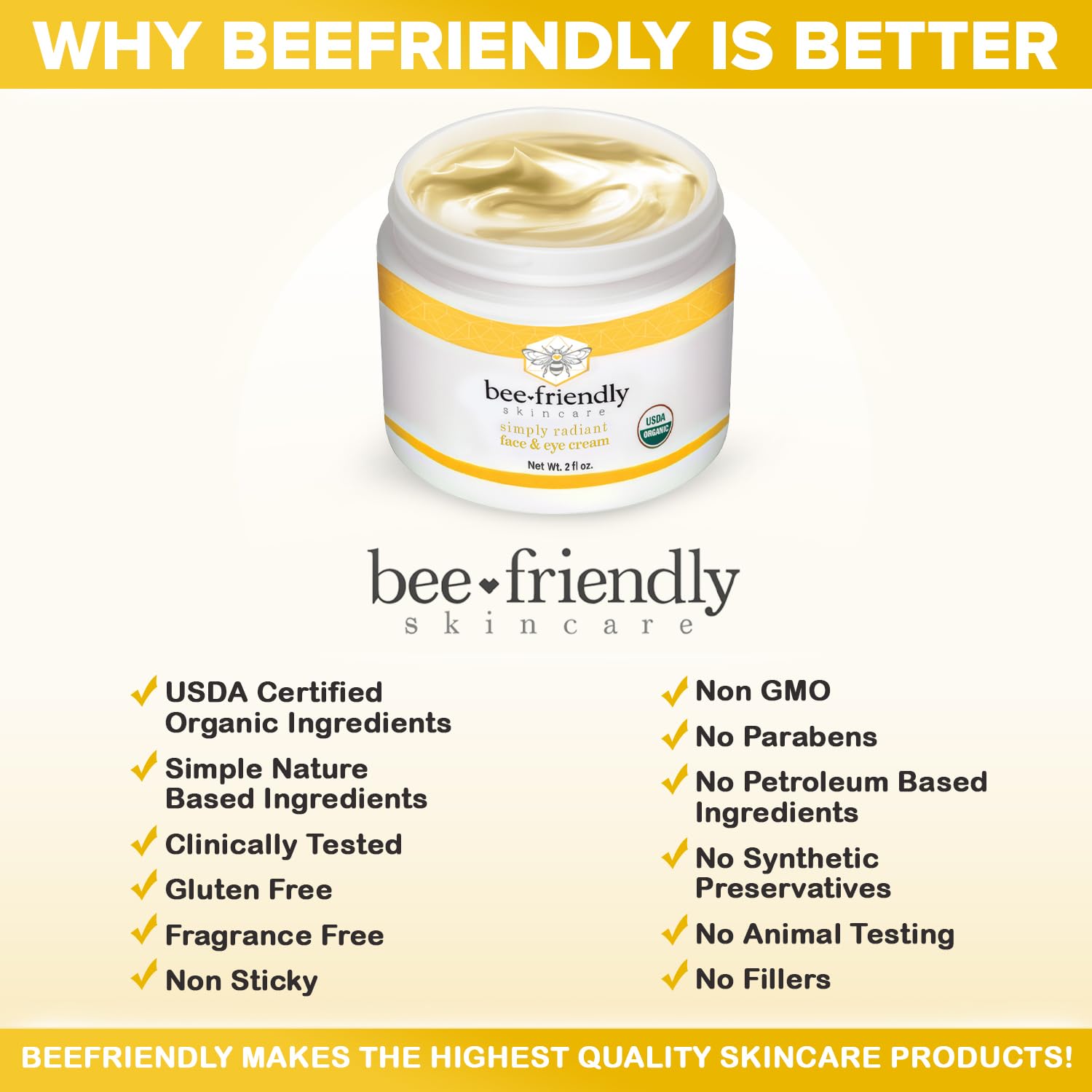 BeeFriendly Organic Face and Eye Cream, USDA Certified Organic Facial Moisturizer, All In One Natural Face, Eye, Neck, Decollete Cream Reduces Wrinkles & Lines, 2 oz - Image 4