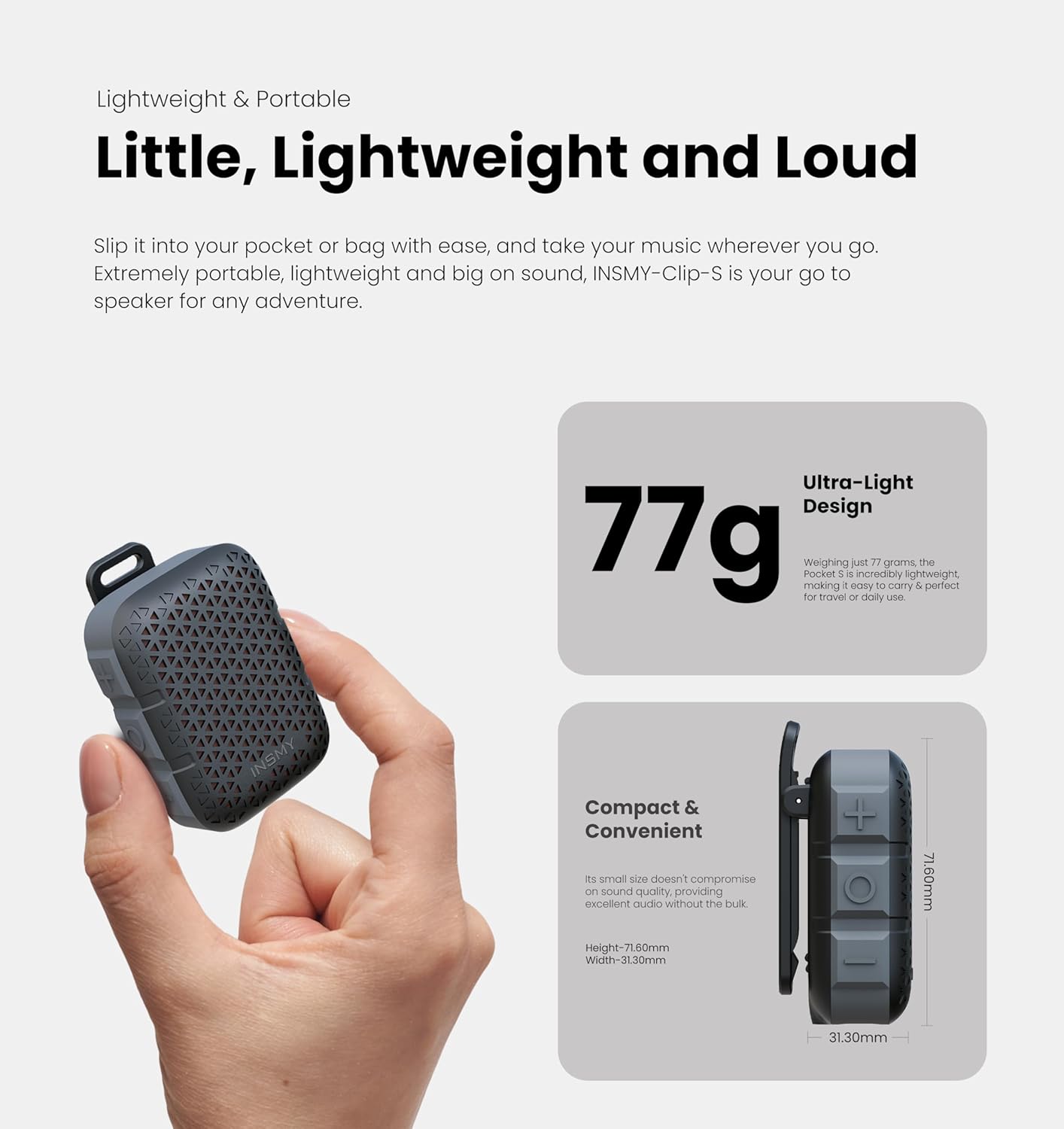 INSMY Wearable Bluetooth Speakers,IP67 Waterproof,Clip-On Portable Small Personal Speaker/Clean Sound/Stereo Pair/Wireless/ENC Built-in Mic/Lightweight for Golf Work Pool Gift (Non-Magnetic) (Black) - Image 5