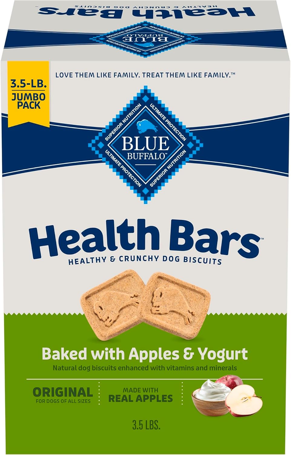 Blue Buffalo Health Bars Crunchy Dog Biscuits, Oven-Baked with Natural Ingredients, Apples & Yogurt, 3.5-lbs Box