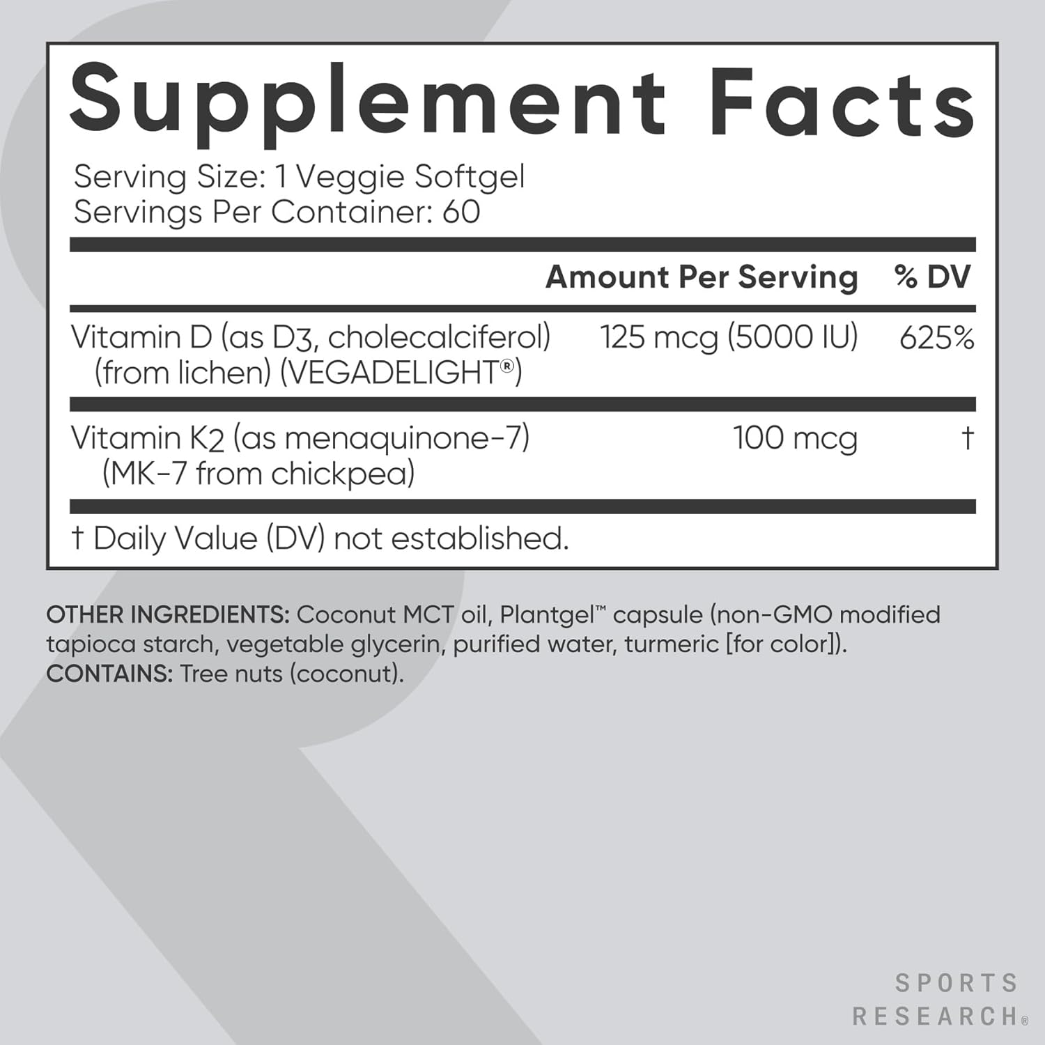 Sports Research® Vitamin D3 + K2 w/ Coconut Oil - Vegan Vitamin D 5000iu & Mk7 Vitamin K 100mcg for Bone & Immune Support - Vegan Certified · Non-GMO · Soy Free - 60 Softgels - Image 5
