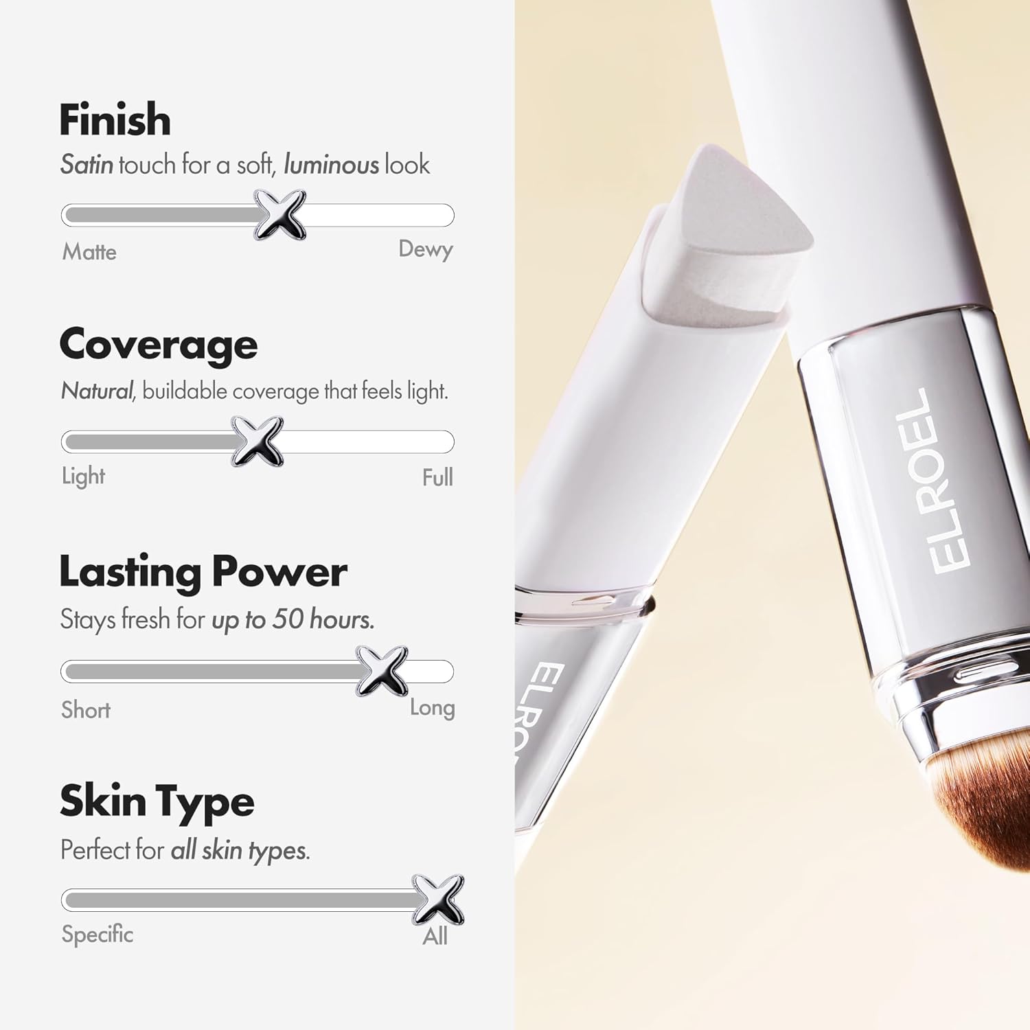 ELROEL Blanc Cover Cream Stick V White 0.45 oz - Korean Color-Changing Foundation Stick with Volufiline - Medium to Full Coverage Dewy Finish Base Makeup - Dual-Ended Detachable Brush (#202 Natural) - Image 8