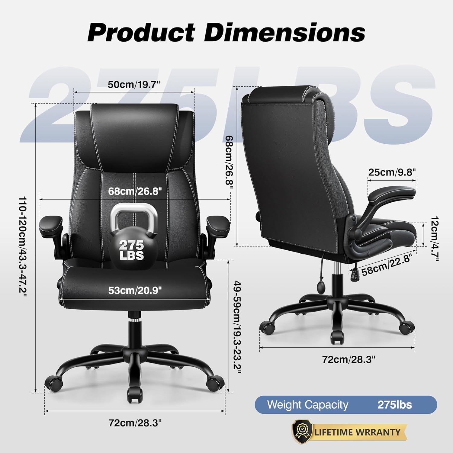 BESTFAIR Ergonomic Office Chair - Desk Computer Chair, Leather High Back Executive Chairs with Adjustable Lumbar Support & Flip Up Arms, Rocking, Black - Image 3