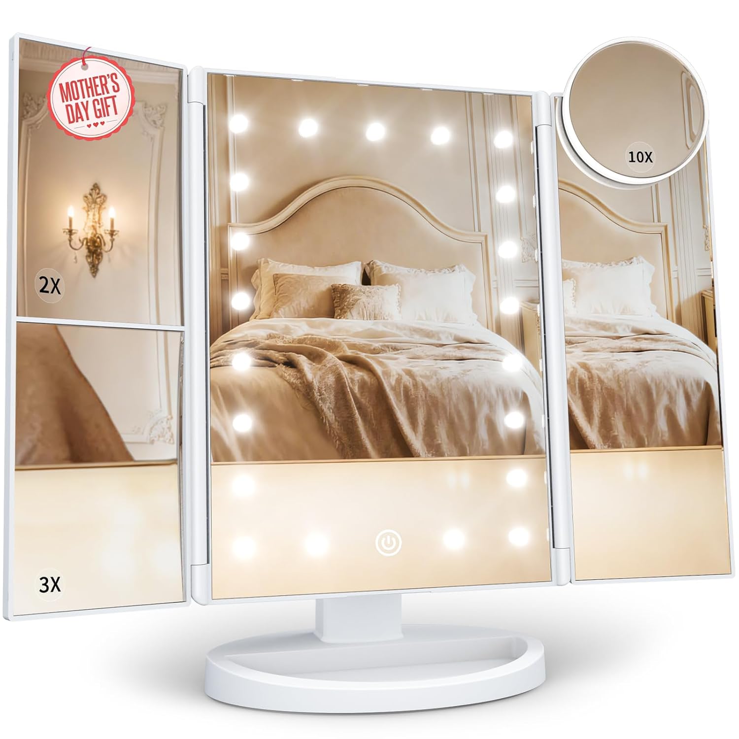HUONUL Makeup Mirror, Vanity Mirror with Lights, 2X/3X/10X Magnification, Touch Control, Trifold, Dual Power Supply, Mothers Day, Birthday Gifts for Mom,Gifts for Women,Girls, Dorm Room Essentials