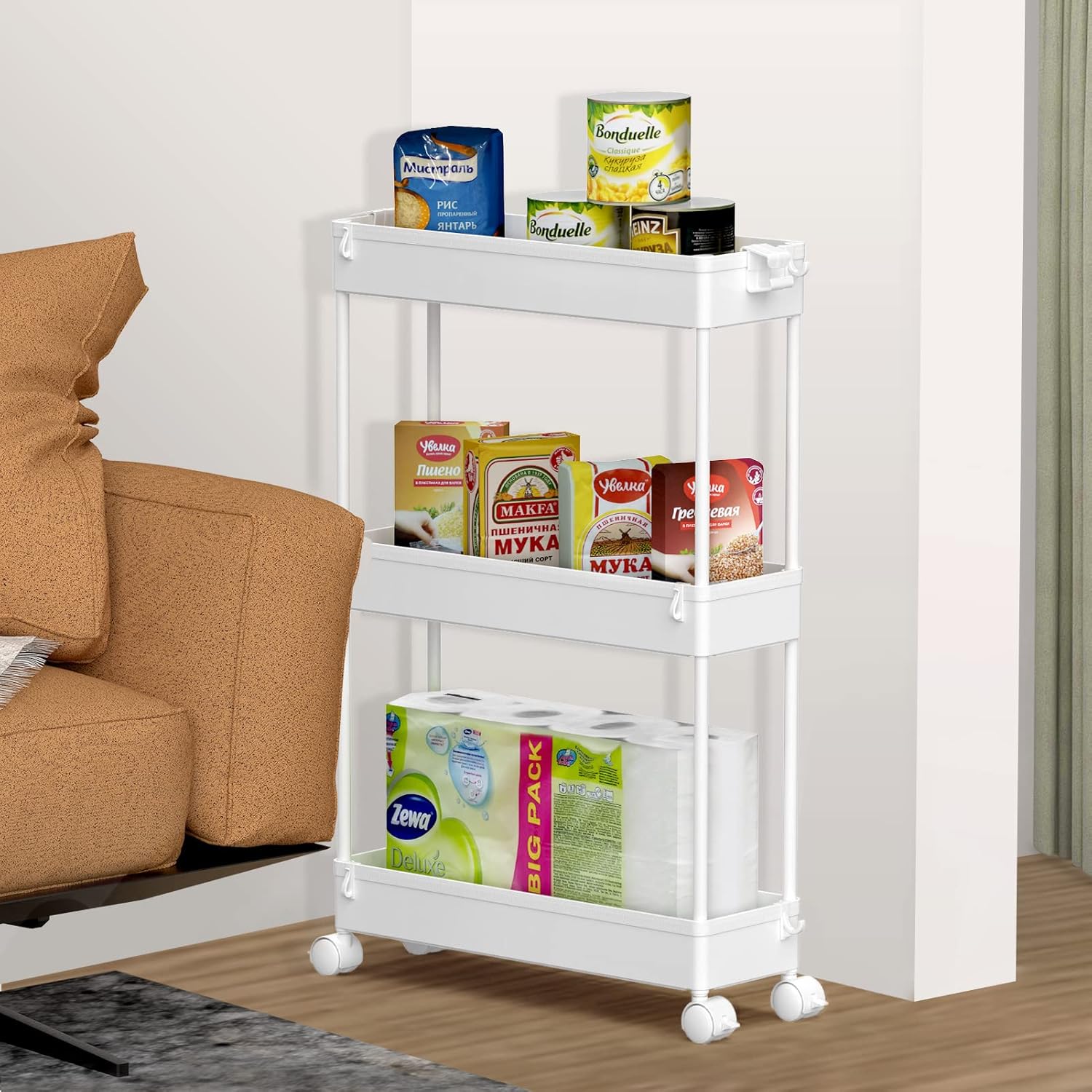 SPACELEAD Slim Storage Cart 3 Tier,Bathroom Organizer Rolling Utility, Mobile Shelving Unit Slide Out for Office, Kitchen, Laundry Room & Narrow Places,White - Image 7