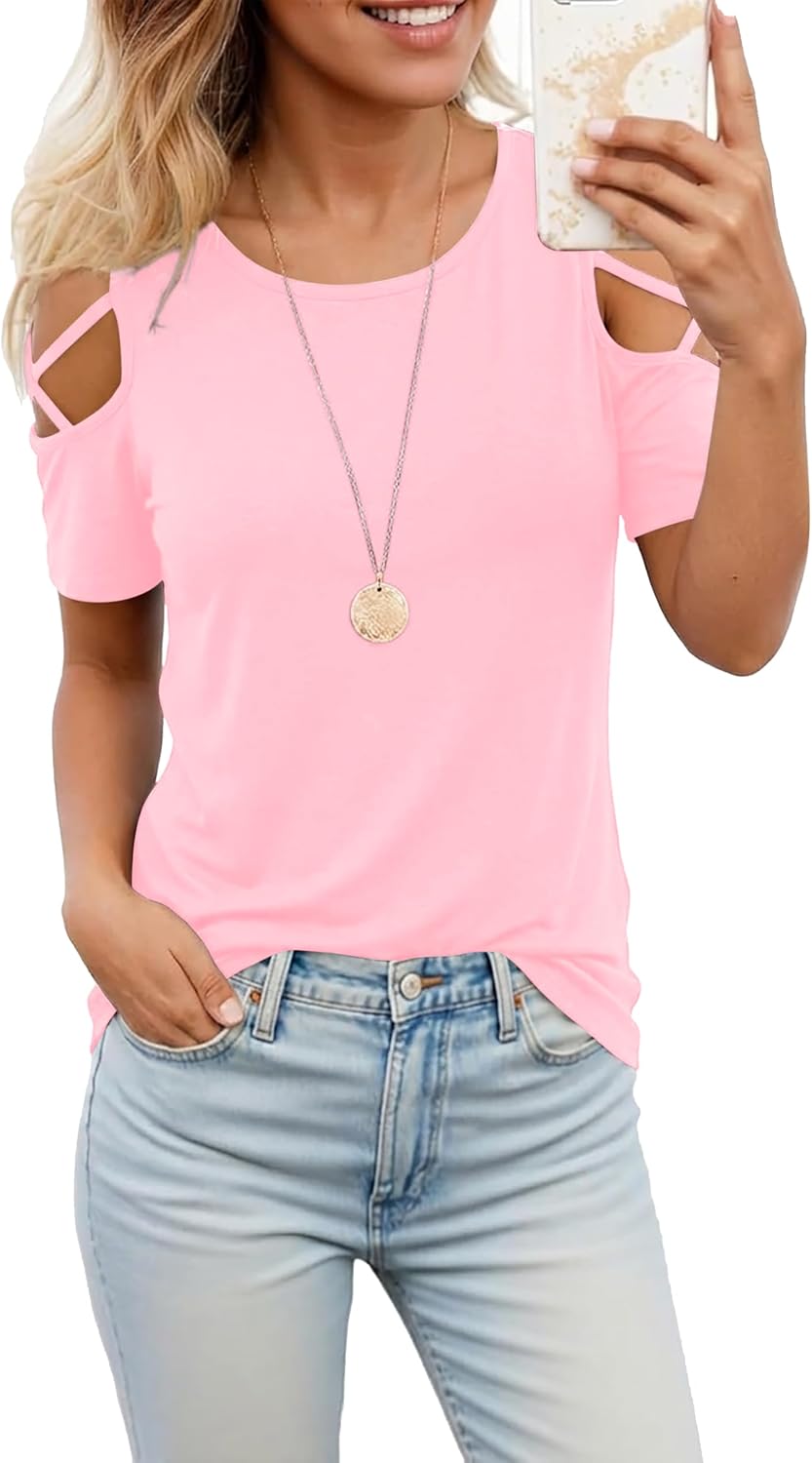 Jar of Love Women's Short Sleeve Cold Shoudler Tops T-Shirts for Women Spring Summer Tops Loose Fit Tunic 2026 - Image 2