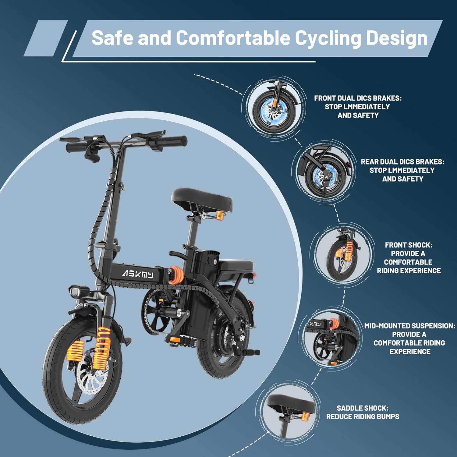 REOCRO Foldable Electric Bike for Adults, 48V 10AH/20AH Removable Battery, 14" Mini E-Bike with 700W Peak Motor, 30-60 Miles PAS Range, Electric Bicycle for Daily Commuting and City Riding - Image 6