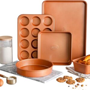 Gotham Steel Non Stick Ceramic Bakeware Set, 5 Piece No Warp & Dishwasher Safe Baking Set, Baking Pans Set with Round & Square Baking Pan, Muffin Pan, Loaf Pan & Baking Sheet for oven, 100% PFOA Free