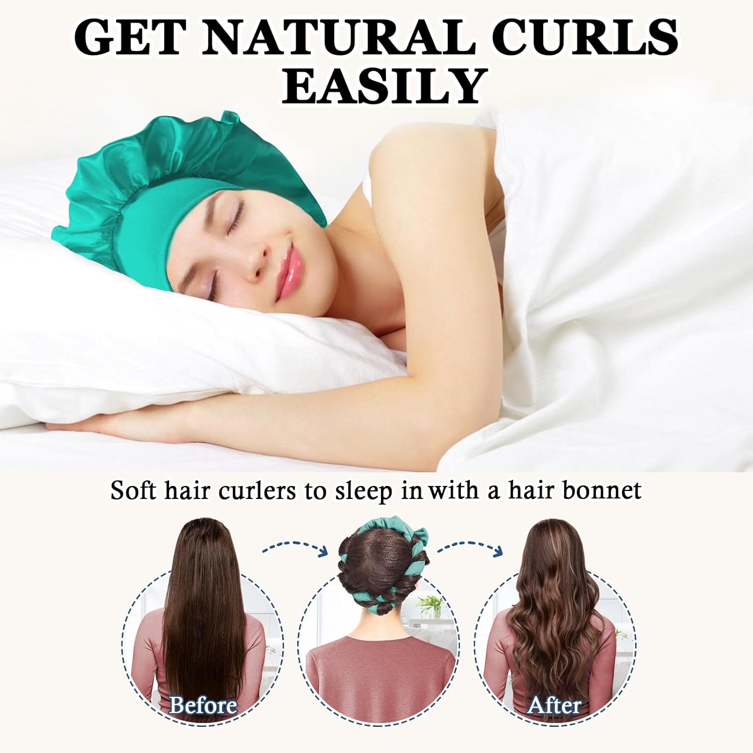 Gwabee No Heat Overnight Curl Headband, 70" Soft Ribbon Wrap for Long Hair, 9 PCS Hair Curling Rods Set - Blue Green - Image 2