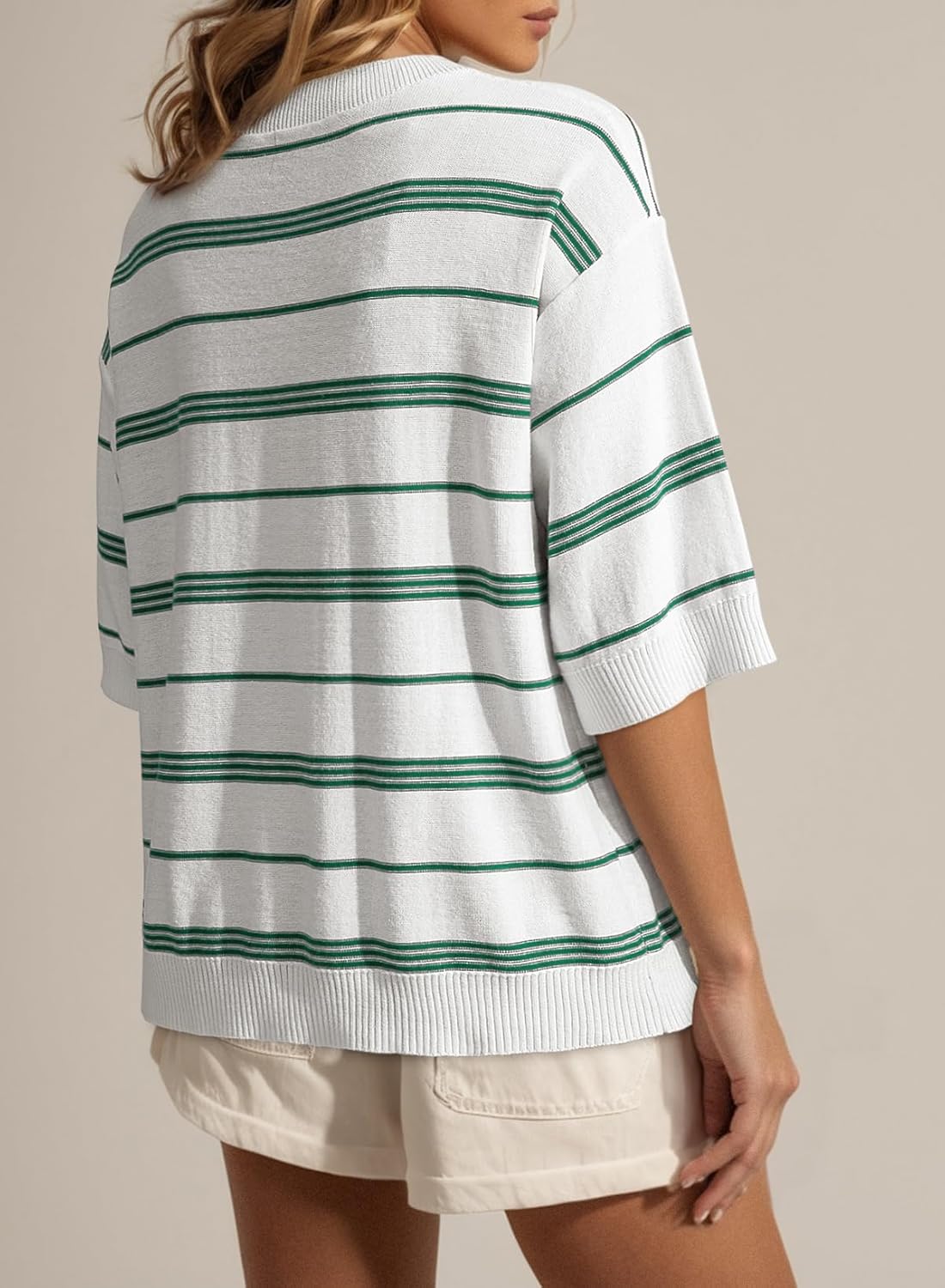 Dokotoo Womens Sweaters Spring Summer Oversized 3/4 Sleeve Striped Crewneck Casual Lightweight Knit Pullover Sweater Tops - Image 2