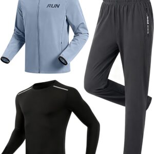 RPOVIG Men’s Tracksuit Sweatsuits 3 Piece Windproof Jacket Long-Sleeve T-Shirts Pants Athletic Hiking Camping Jogger Outfits