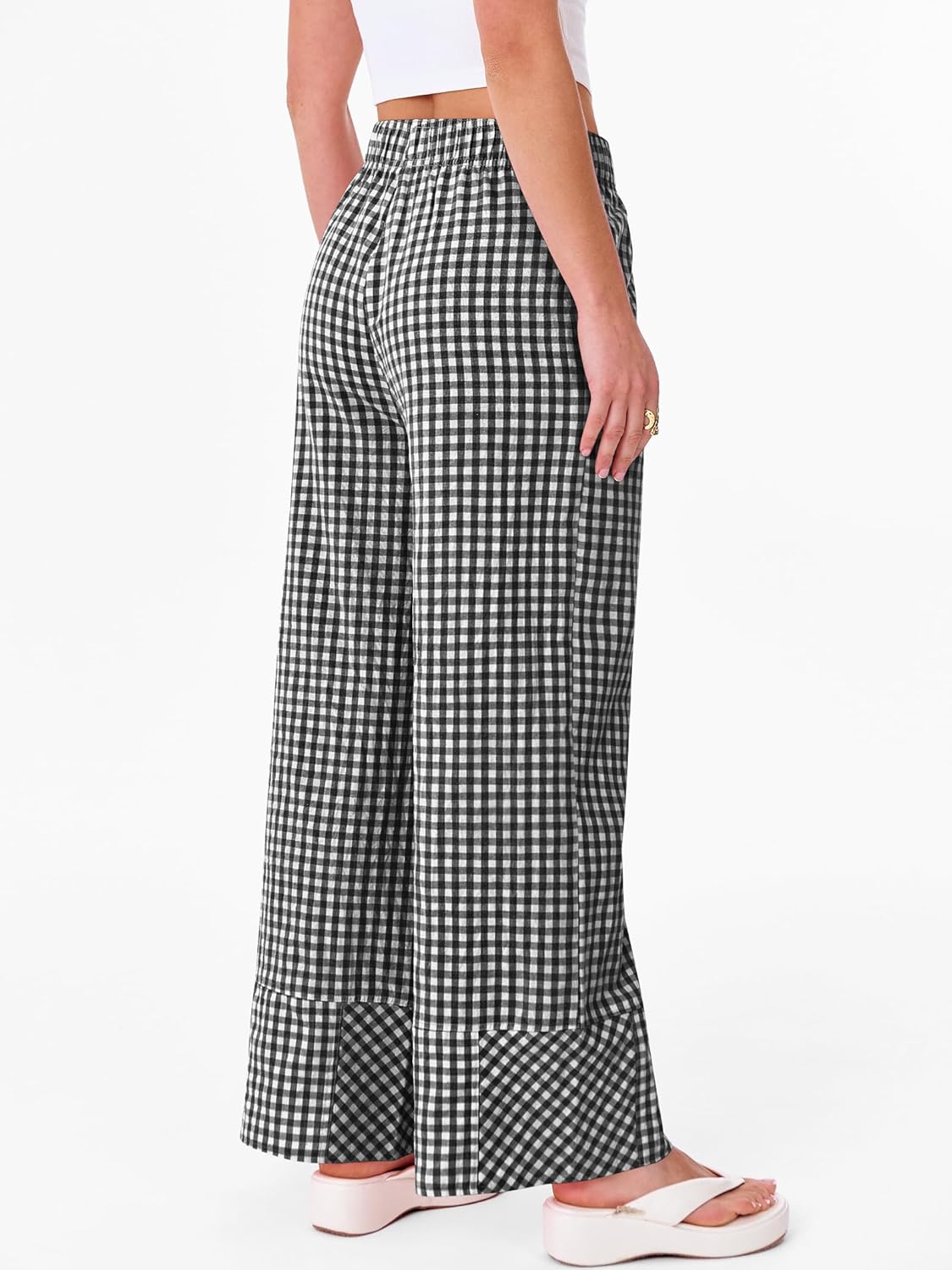 ANRABESS Womens Gingham Pants Checkered Plaid Striped Boxer Wide Leg Palazzo Pants Lounge PJ Bottoms Trousers with Pockets - Image 4