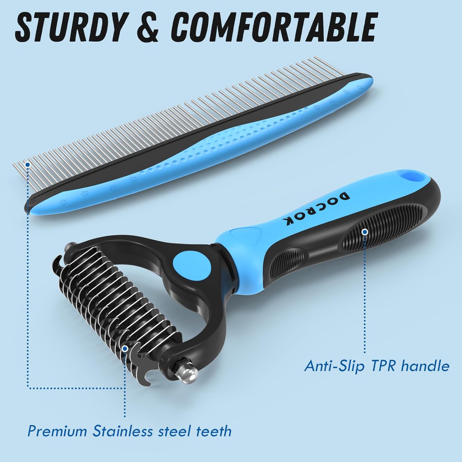 Docrok Pet Grooming Combo - Blue Deshedding Brush with Metal Comb for Detangling and Dematting Long, Matted Fur on Cats and Dogs - Image 6
