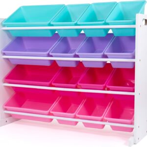 Humble Crew Toy Storage Organizer with 16 Removable Storage Bins for Kids Playroom, 4-Tier Toddler Toy Organization, White/Blue/Pink/Purple