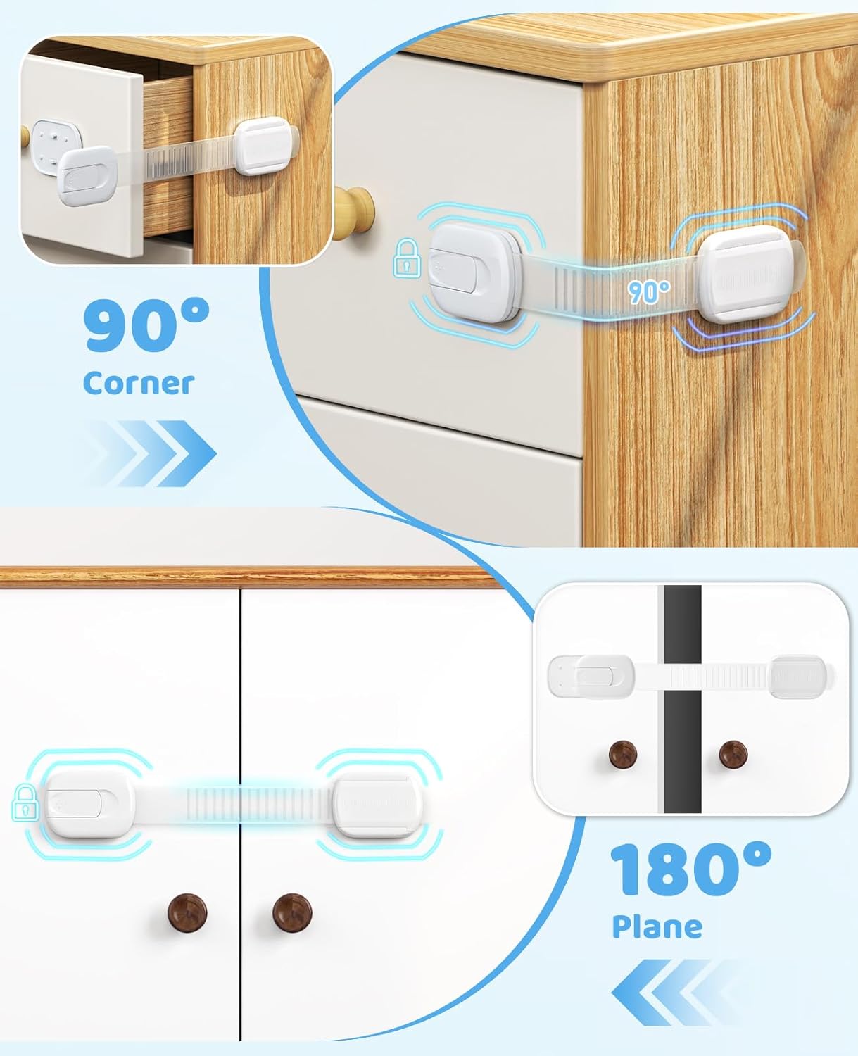 10 Pack Cabinet Locks Baby Proofing, Child Proof Cabinet Locks with 3M Adhesive - Easy Installation with Adjustable Straps, Multi-Purpose Child Safety Latches for Drawers Fridge Trash Cans Toilets - Image 4